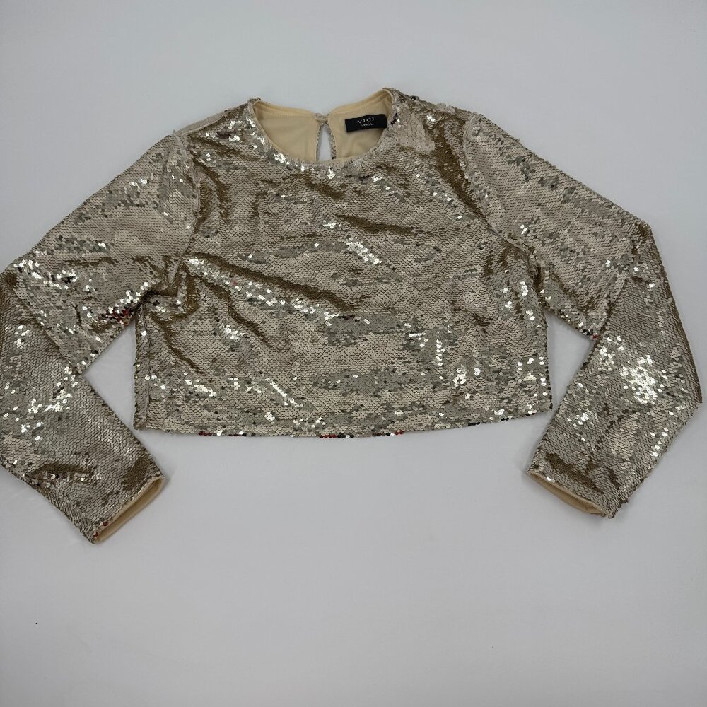 VICI Women Champagne Gold‎ Sequin Long Sleeve Cropped Top Small Party Glam NYE